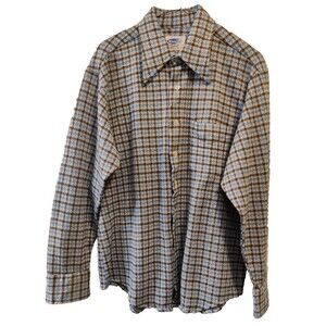 Vintage 70's Manfit by Campus Men's Sz L Long Sleeve Polyester Blue Brown Shirt